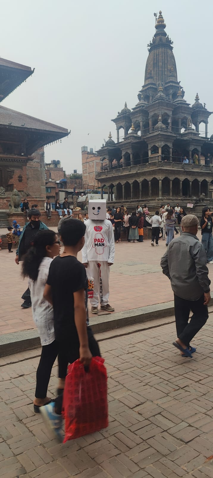 A PadMan ambassador creating campaign visibility at Patan Durbar Square